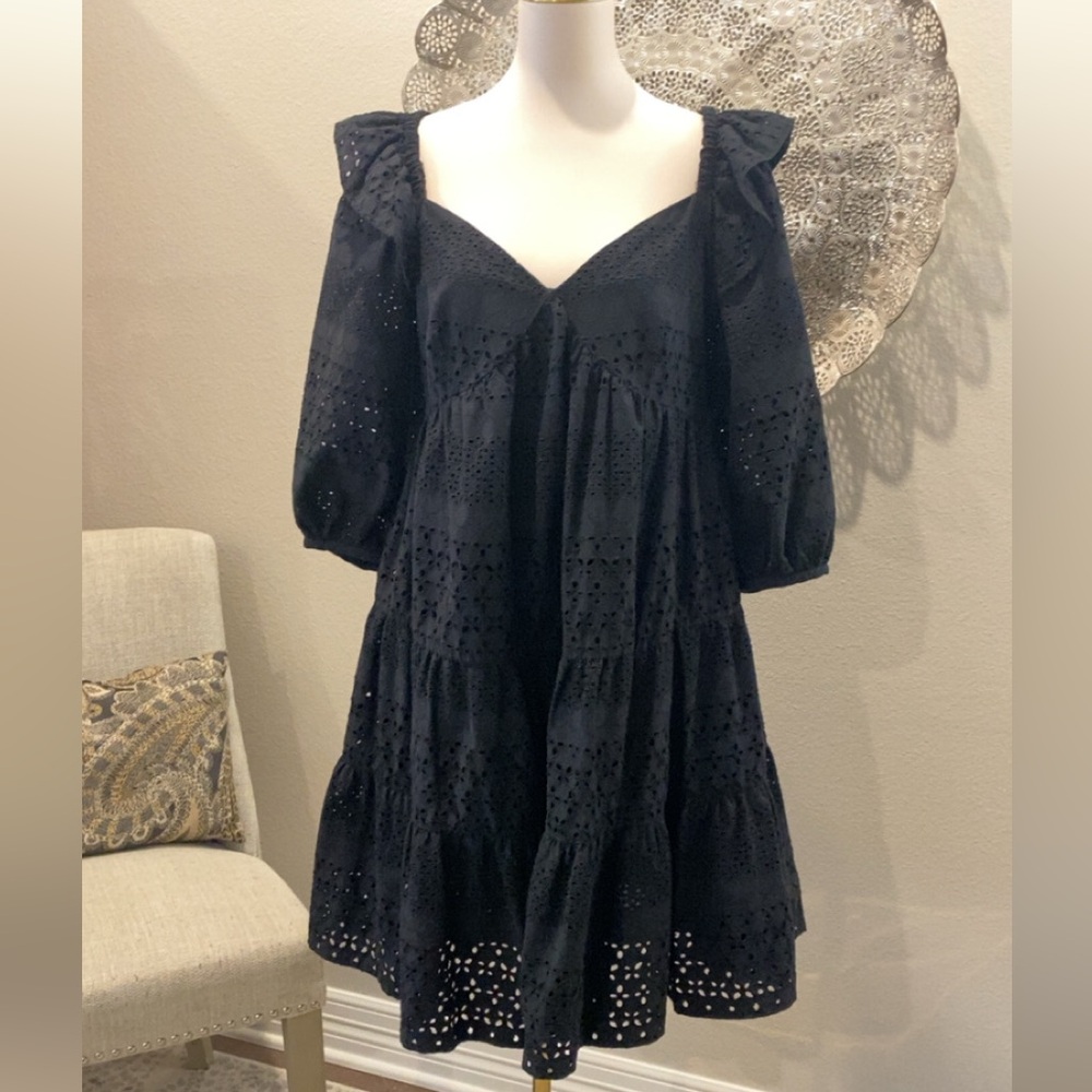Black Eyelet Puff-Sleeve Tiered Mini Dress